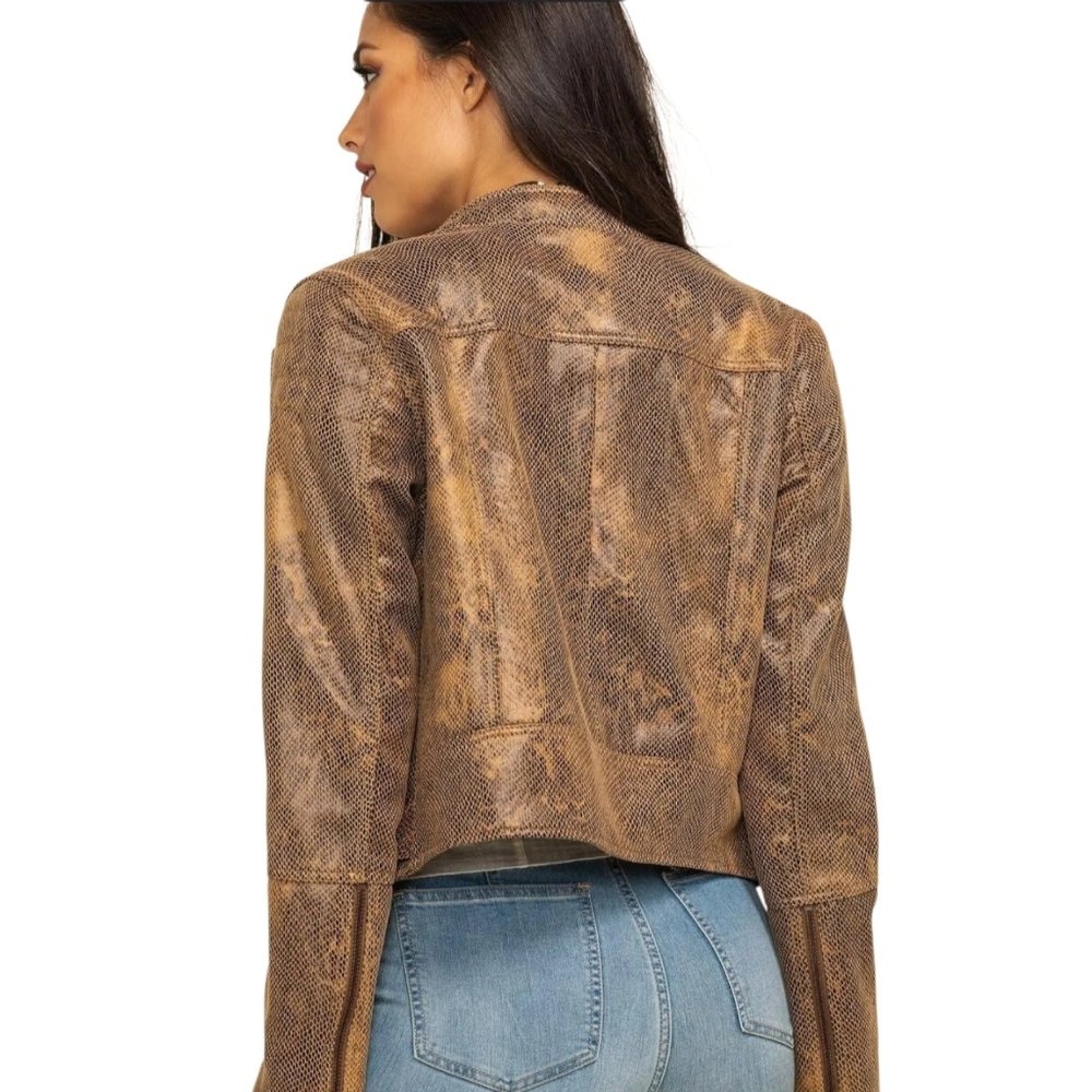 Free People Fenix Snakeskin Moto Jacket Brown Faux Leather Biker L NWOT - Picture 3 of 16